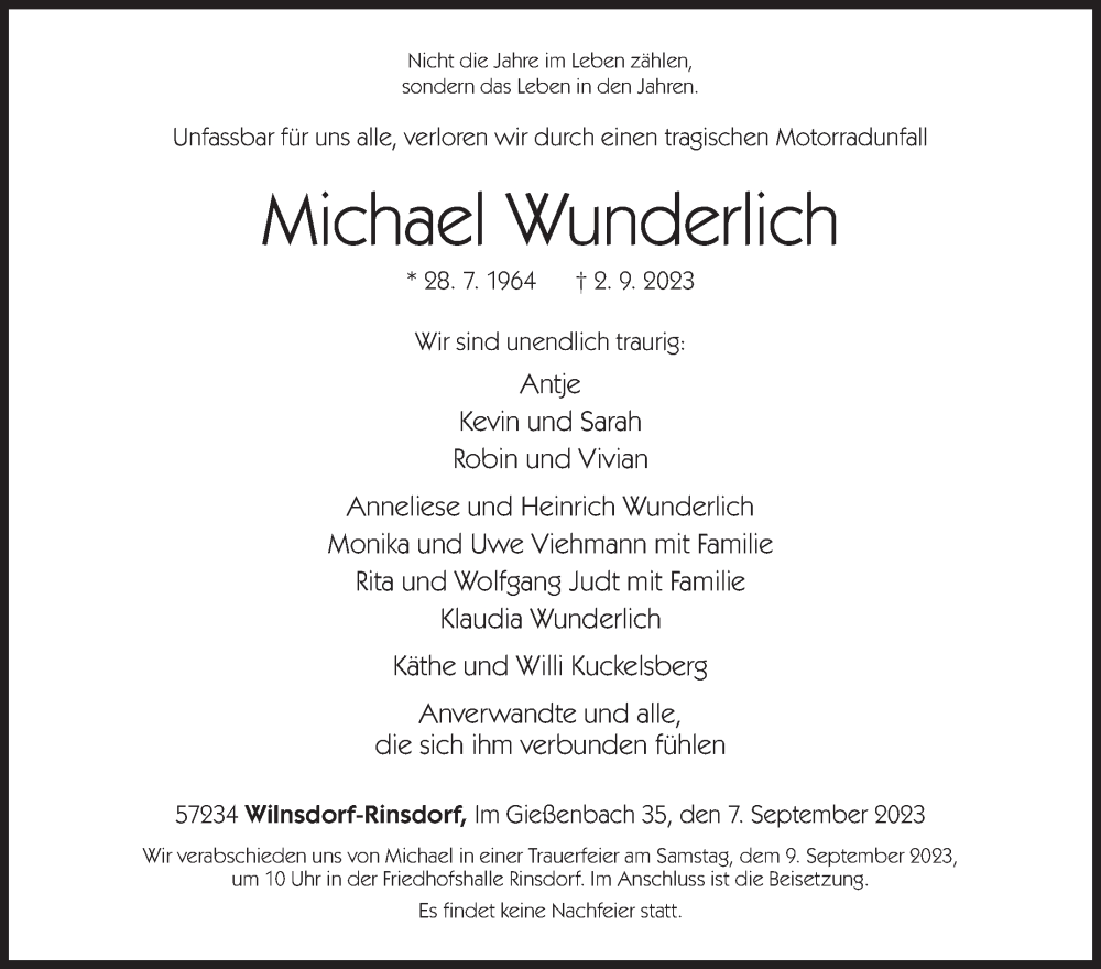  Traueranzeige für Michael Wunderlich vom 07.09.2023 aus Siegener Zeitung