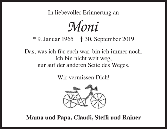 Traueranzeige von Moni  von Siegener Zeitung