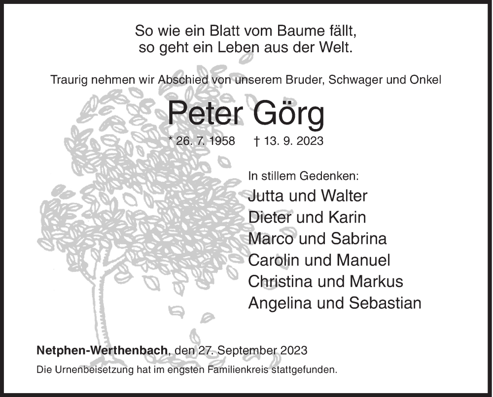  Traueranzeige für Peter Görg vom 27.09.2023 aus Siegener Zeitung