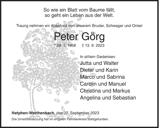Traueranzeige von Peter Görg von Siegener Zeitung