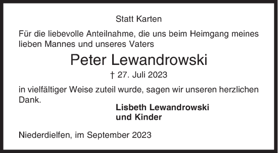 Traueranzeige von Peter Lewandrowski von Siegener Zeitung