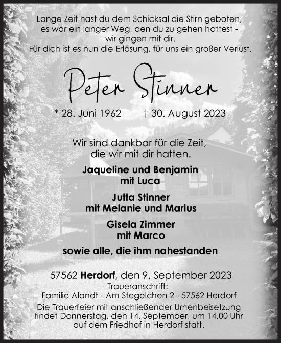Traueranzeige von Peter Stinner von Siegener Zeitung