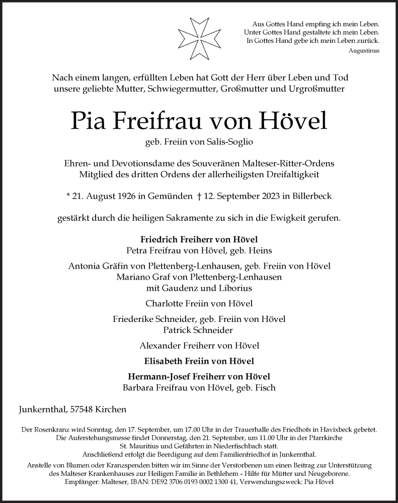  Traueranzeige für Pia Freifrau von Hövel vom 16.09.2023 aus Siegener Zeitung
