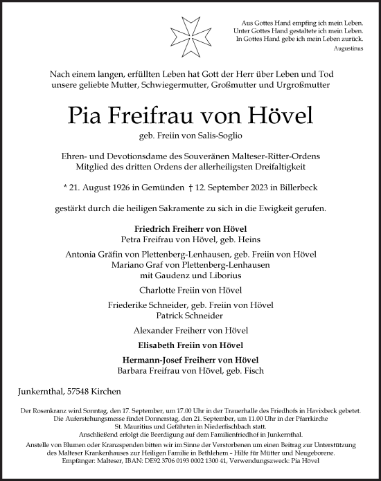 Traueranzeige von Pia Freifrau von Hövel von Siegener Zeitung
