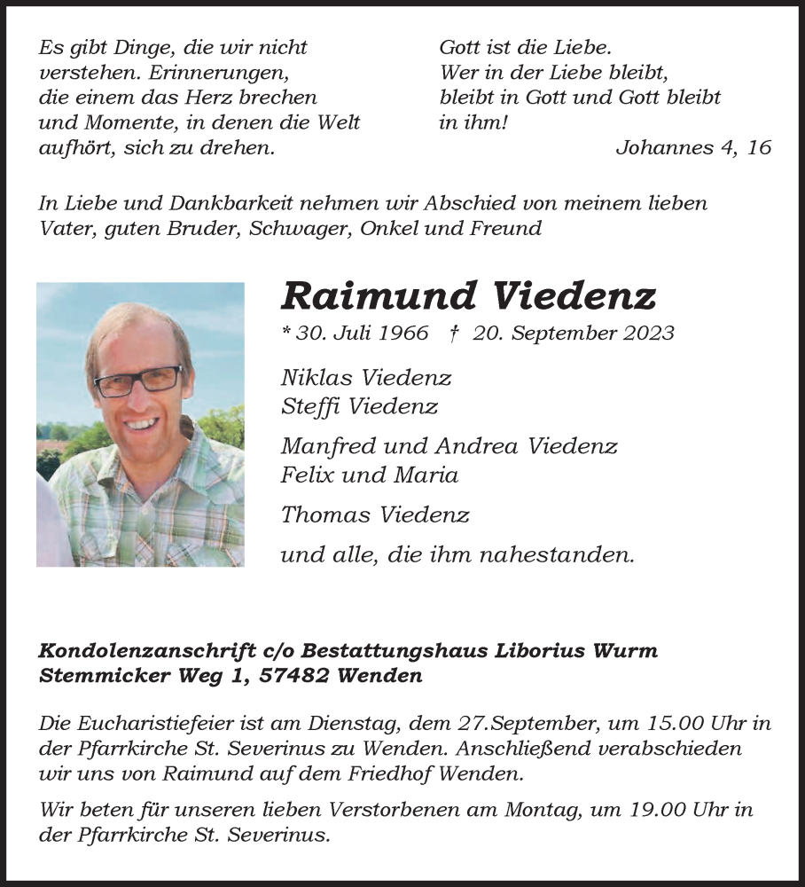  Traueranzeige für Raimund Viedenz vom 23.09.2023 aus Siegener Zeitung