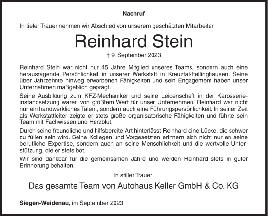 Traueranzeige von Reinhard Stein von Siegener Zeitung