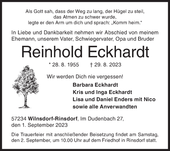 Traueranzeige von Reinhold Eckhardt von Siegener Zeitung