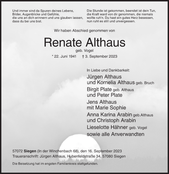 Traueranzeige von Renate Althaus von Siegener Zeitung