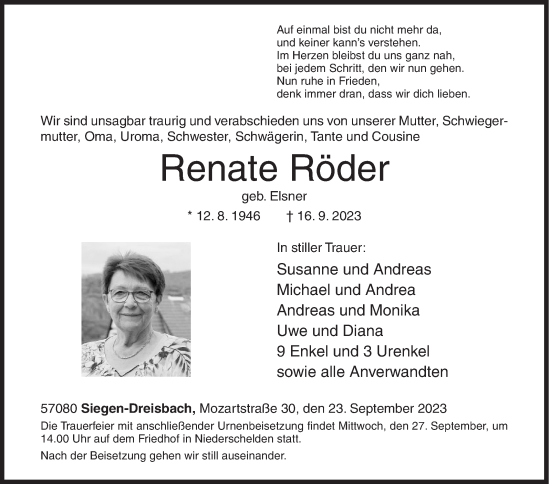 Traueranzeige von Renate Röder von Siegener Zeitung