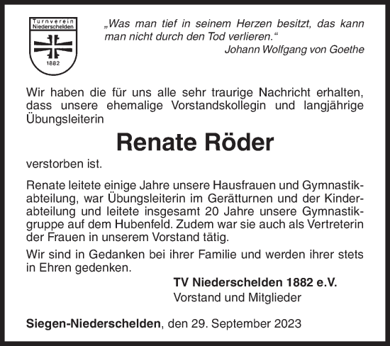 Traueranzeige von Renate Röder von Siegener Zeitung
