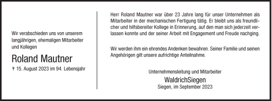 Traueranzeige von Roland Mautner von Siegener Zeitung