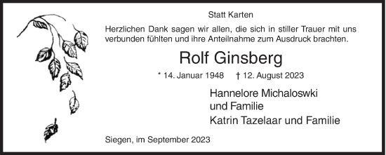 Traueranzeige von Rolf Ginsberg von Siegener Zeitung