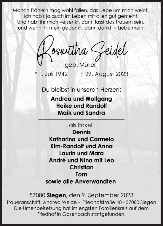 Traueranzeige von Roswitha Seidel von Siegener Zeitung