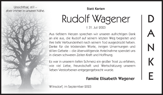 Traueranzeige von Rudolf Wagener von Siegener Zeitung