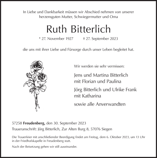 Traueranzeige von Ruth Bitterlich von Siegener Zeitung