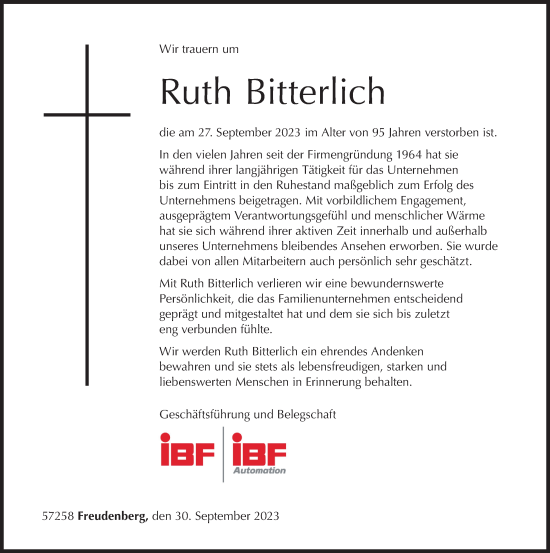 Traueranzeige von Ruth Bitterlich von Siegener Zeitung
