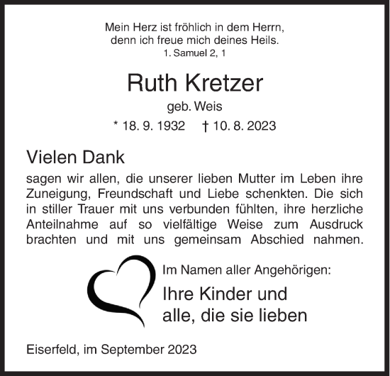 Traueranzeige von Ruth Kretzer von Siegener Zeitung