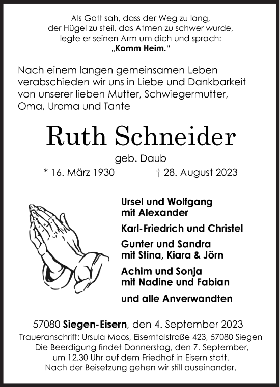 Traueranzeige von Ruth Schneider von Siegener Zeitung
