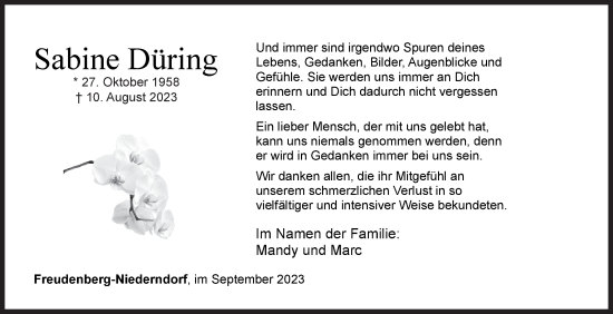 Traueranzeige von Sabine Düring von Siegener Zeitung