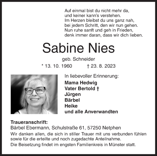 Traueranzeige von Sabine Nies von Siegener Zeitung