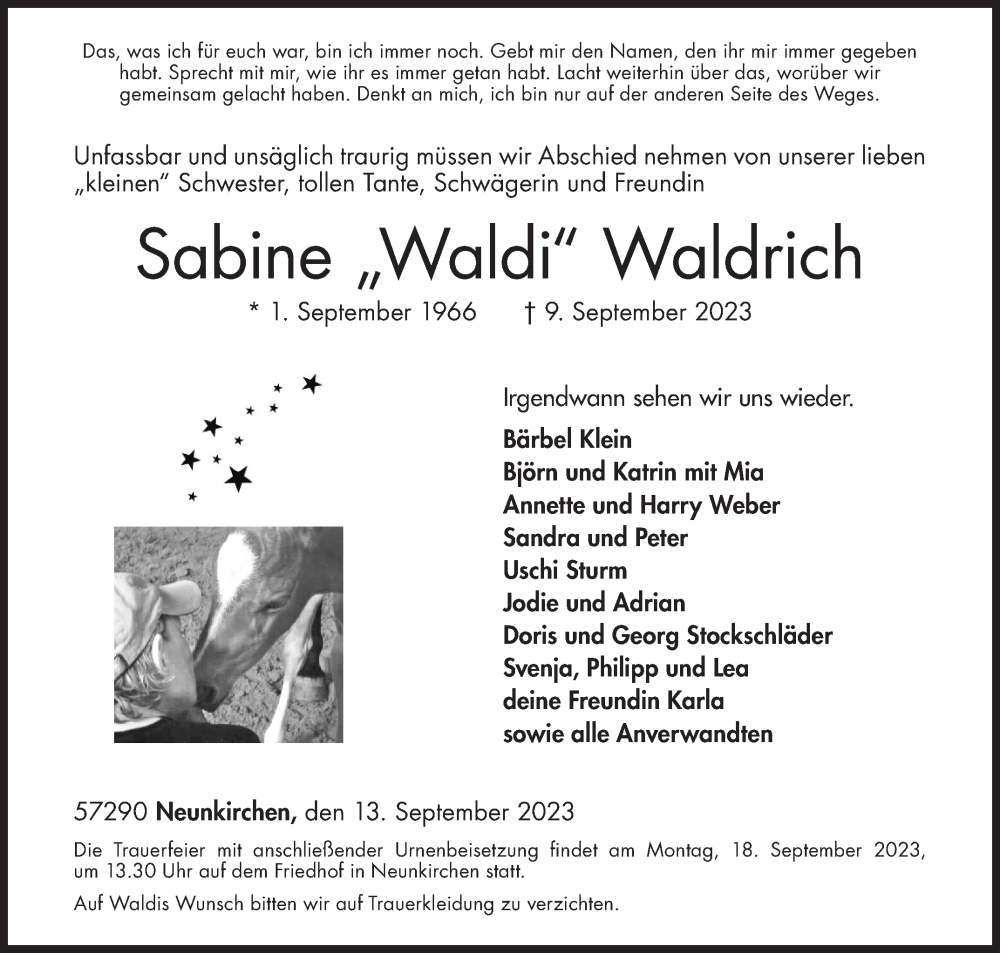  Traueranzeige für Sabine Waldrich vom 13.09.2023 aus Siegener Zeitung