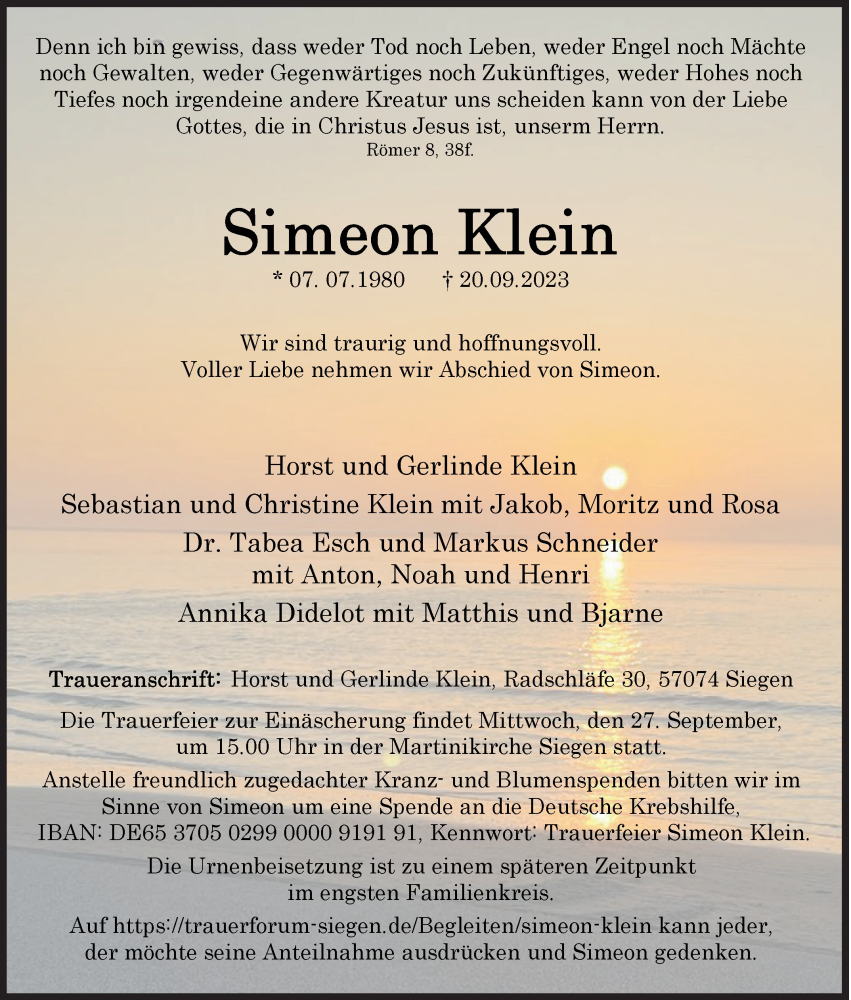  Traueranzeige für Simeon Klein vom 23.09.2023 aus Siegener Zeitung