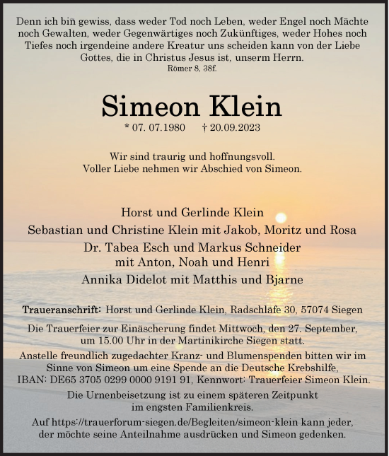 Traueranzeige von Simeon Klein von Siegener Zeitung