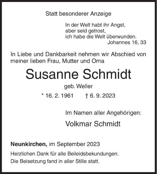 Traueranzeige von Susanne Schmidt von Siegener Zeitung