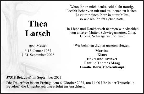 Traueranzeige von Thea Latsch von Siegener Zeitung