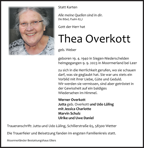 Traueranzeige von Thea Overkott von Siegener Zeitung