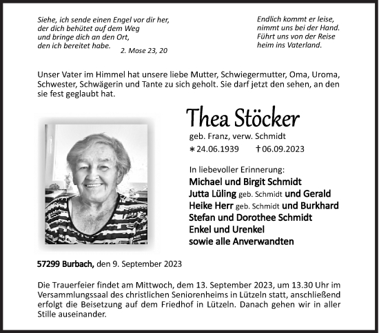 Traueranzeige von Thea Stöcker von Siegener Zeitung
