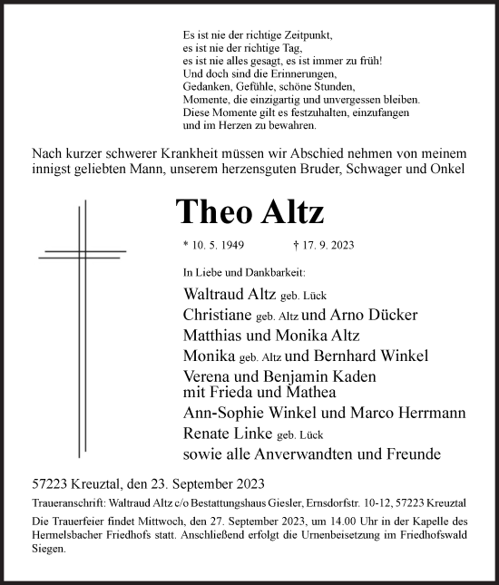 Traueranzeige von Theo Altz von Siegener Zeitung