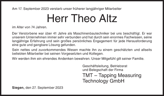 Traueranzeige von Theo Altz von Siegener Zeitung