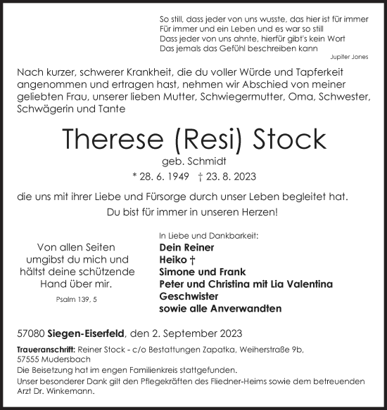 Traueranzeige von Therese Stock von Siegener Zeitung