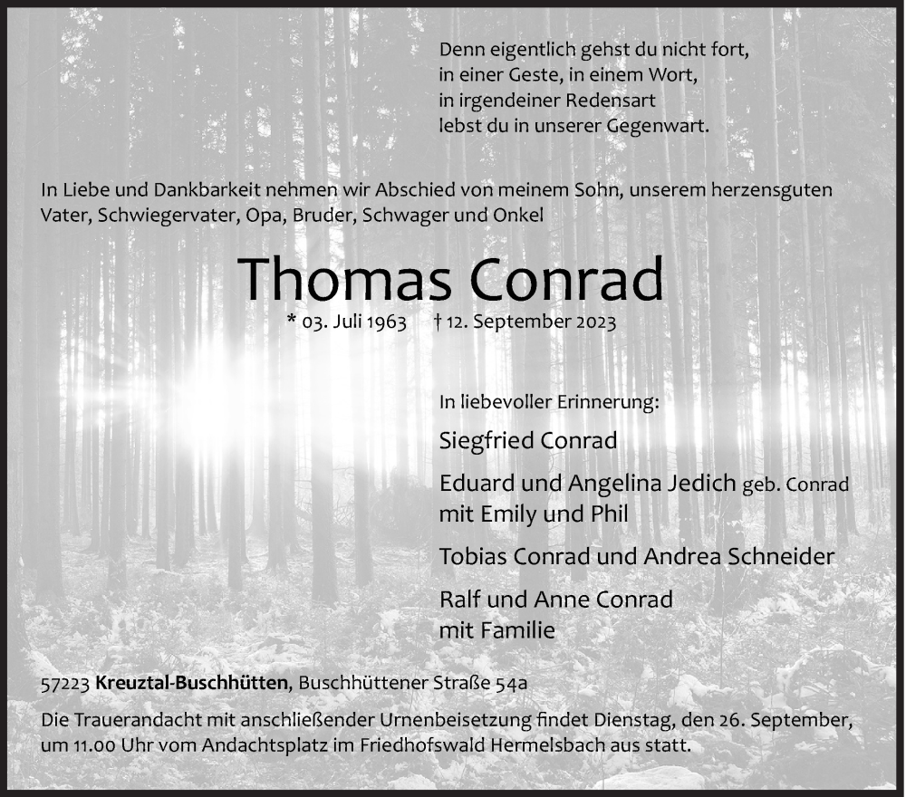  Traueranzeige für Thomas Conrad vom 16.09.2023 aus Siegener Zeitung