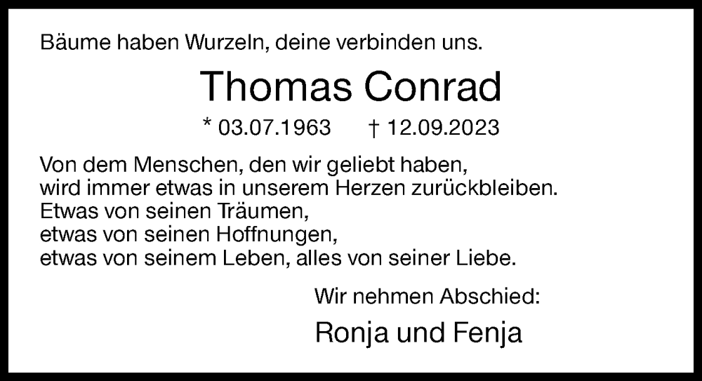  Traueranzeige für Thomas Conrad vom 16.09.2023 aus Siegener Zeitung
