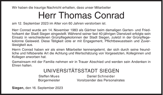 Traueranzeige von Thomas Conrad von Siegener Zeitung