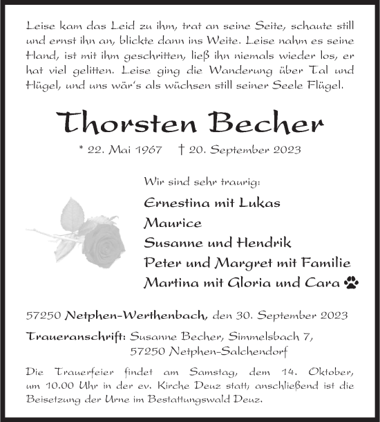 Traueranzeige von Thorsten Becher von Siegener Zeitung