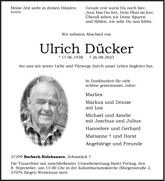 Traueranzeige von Ulrich Dücker von Siegener Zeitung