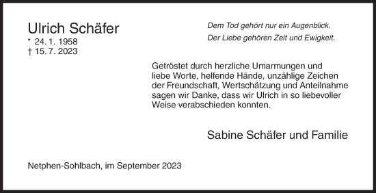 Traueranzeige von Ulrich Schäfer von Siegener Zeitung