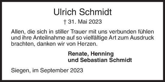 Traueranzeige von Ulrich Schmidt von Siegener Zeitung