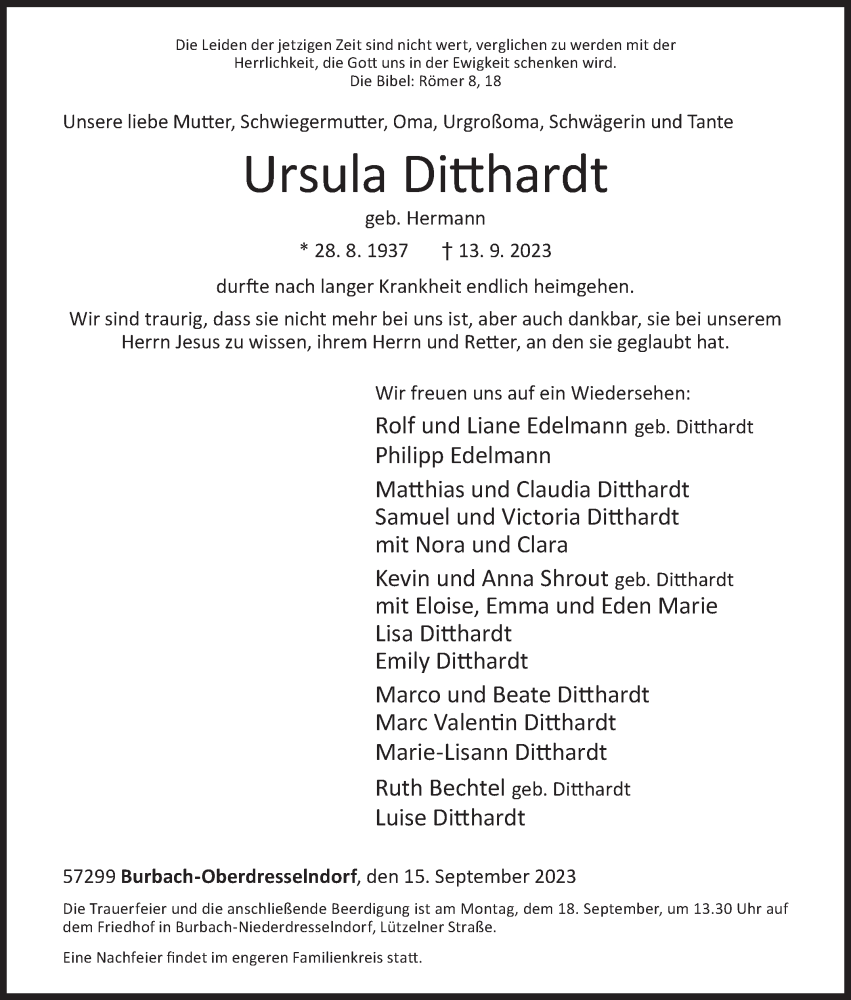  Traueranzeige für Ursula Ditthardt vom 15.09.2023 aus Siegener Zeitung