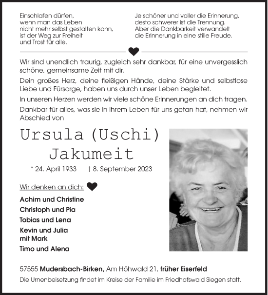Traueranzeige von Ursula Jakumeit von Siegener Zeitung