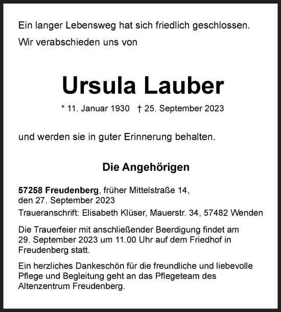 Traueranzeige von Ursula Lauber von Siegener Zeitung