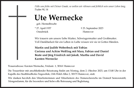 Traueranzeige von Ute Wernecke von Siegener Zeitung