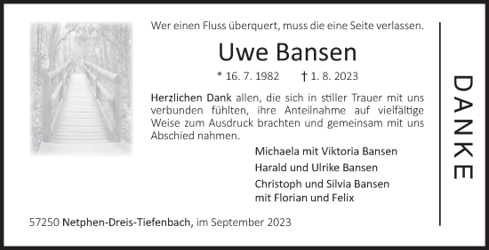 Traueranzeige von Uwe Bansen von Siegener Zeitung
