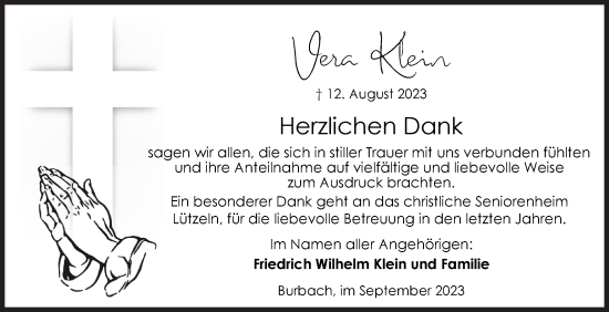 Traueranzeige von Vera Klein von Siegener Zeitung