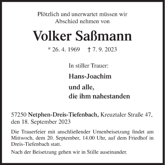 Traueranzeige von Volker Saßmann von Siegener Zeitung