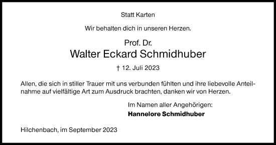 Traueranzeige von Walter Eckard Schmidhuber von Siegener Zeitung