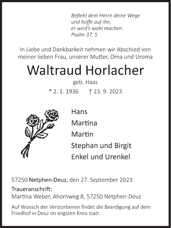 Traueranzeige von Waltraud Horlacher von Siegener Zeitung
